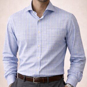 Thomas Pink Blue Mini Check Slim Fit Button Down Shirt 15.5 Luxury Cotton